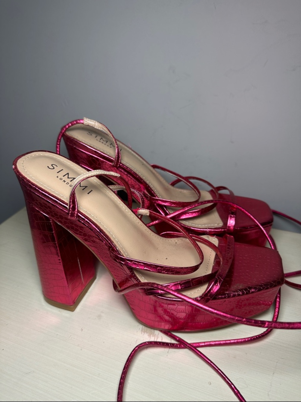 Simmi London Metallic Pink Platform Lace-Up strappy Heels